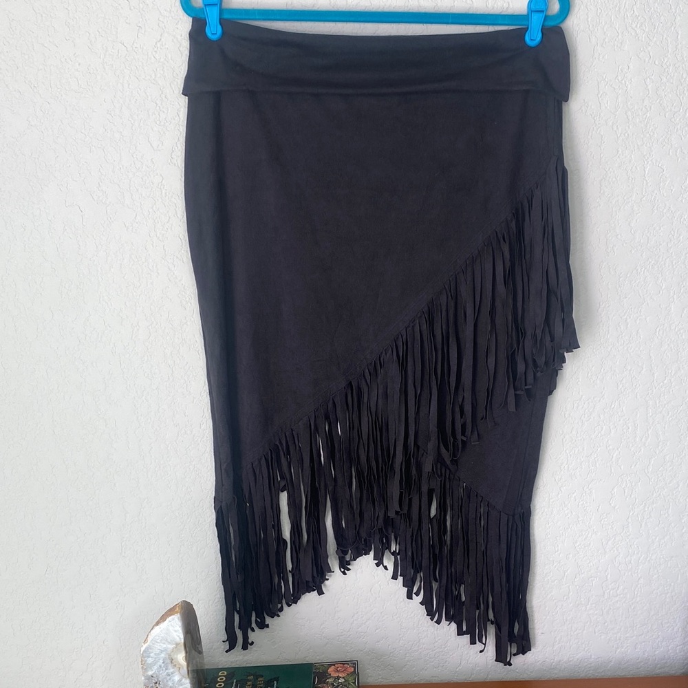 Women's Black Asymmetrical Fringe Skirt